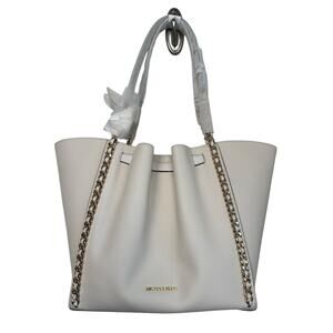 Michael Kors Mina Large Belted Chain Bag Leather MK Logo Light Cream Gold New